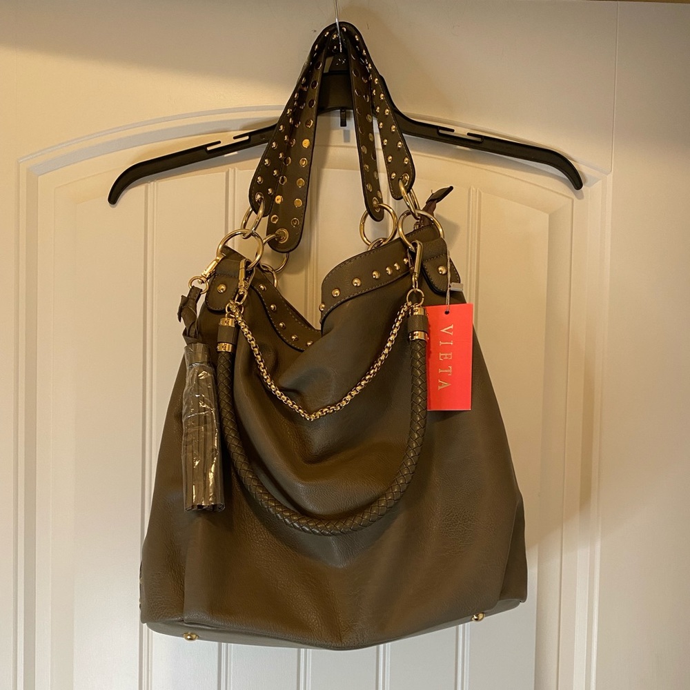 Vista Olive Green Handbag with Tassel & Shoulder Strap